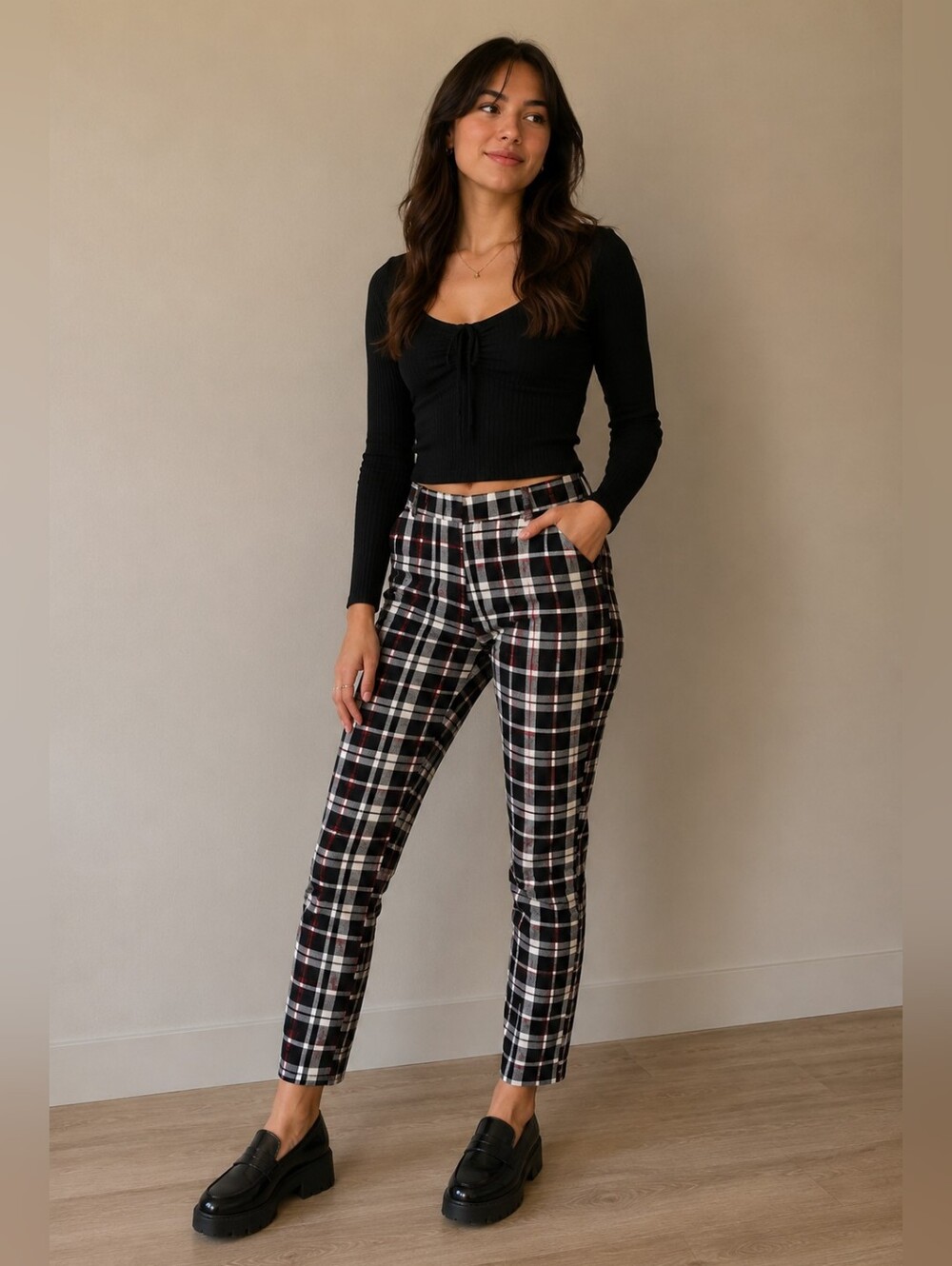 Shosho Women's Black, White, and Red Plaid Leggings